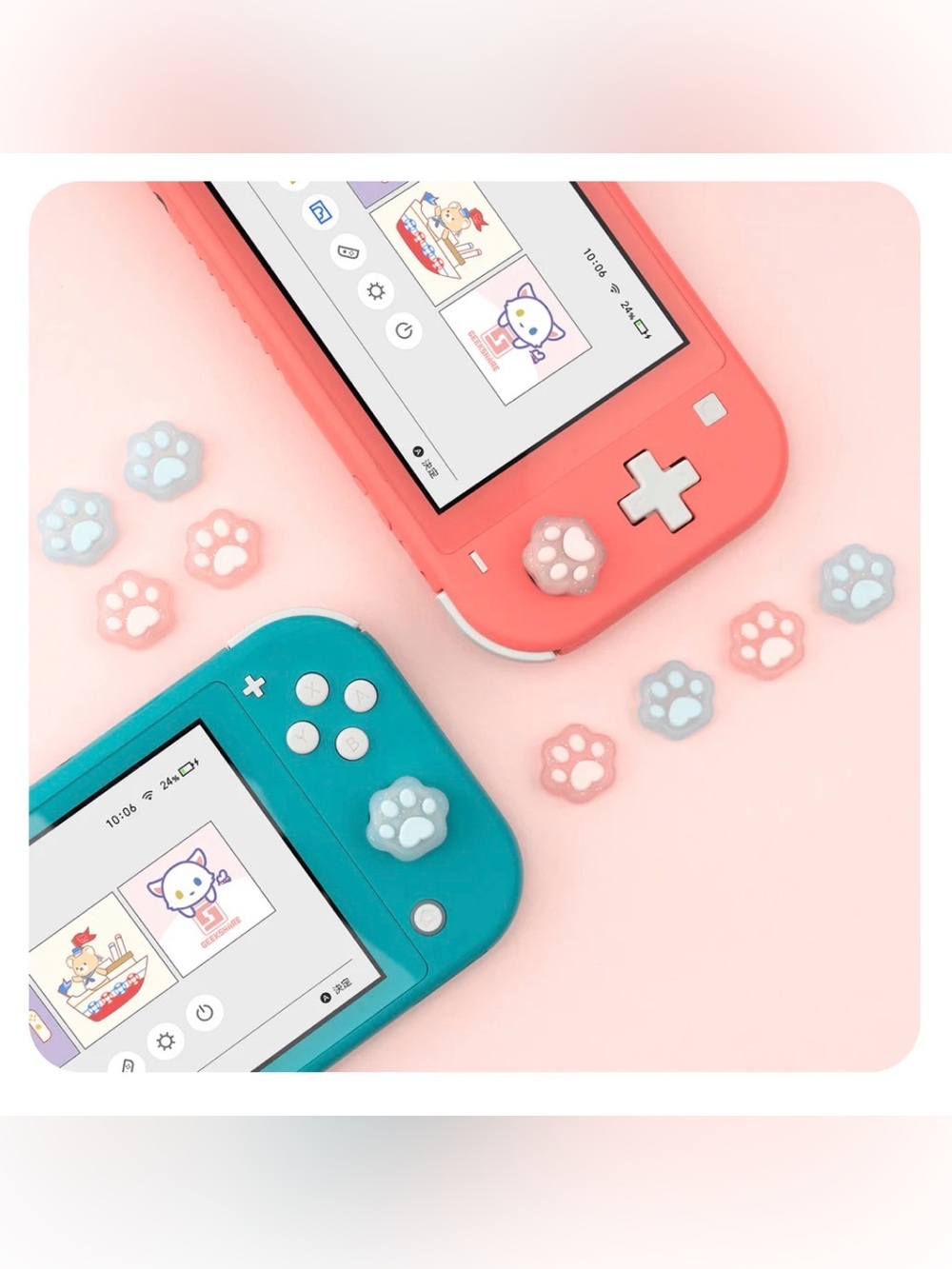 GEEKSHARE Thumb Grip Caps Pink & Blue Cat Paw Print Set Switch, Switch Lite/OLED - Picture 3 of 3